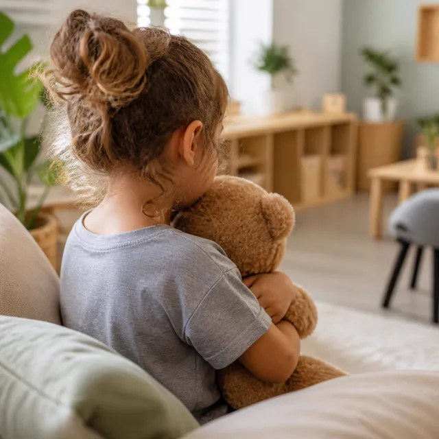 A little girl hugging a teddy bear in a playroom